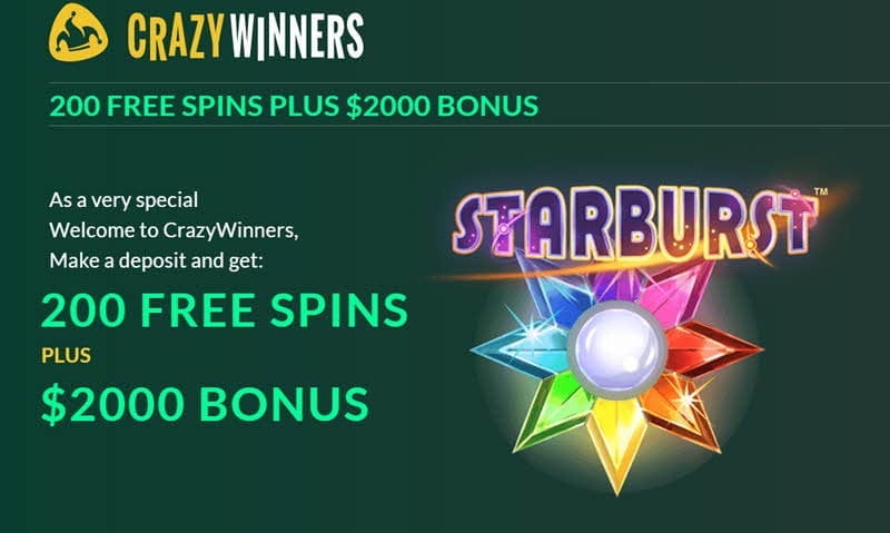 Crazy winners bonus 200 free spins plus R$2000